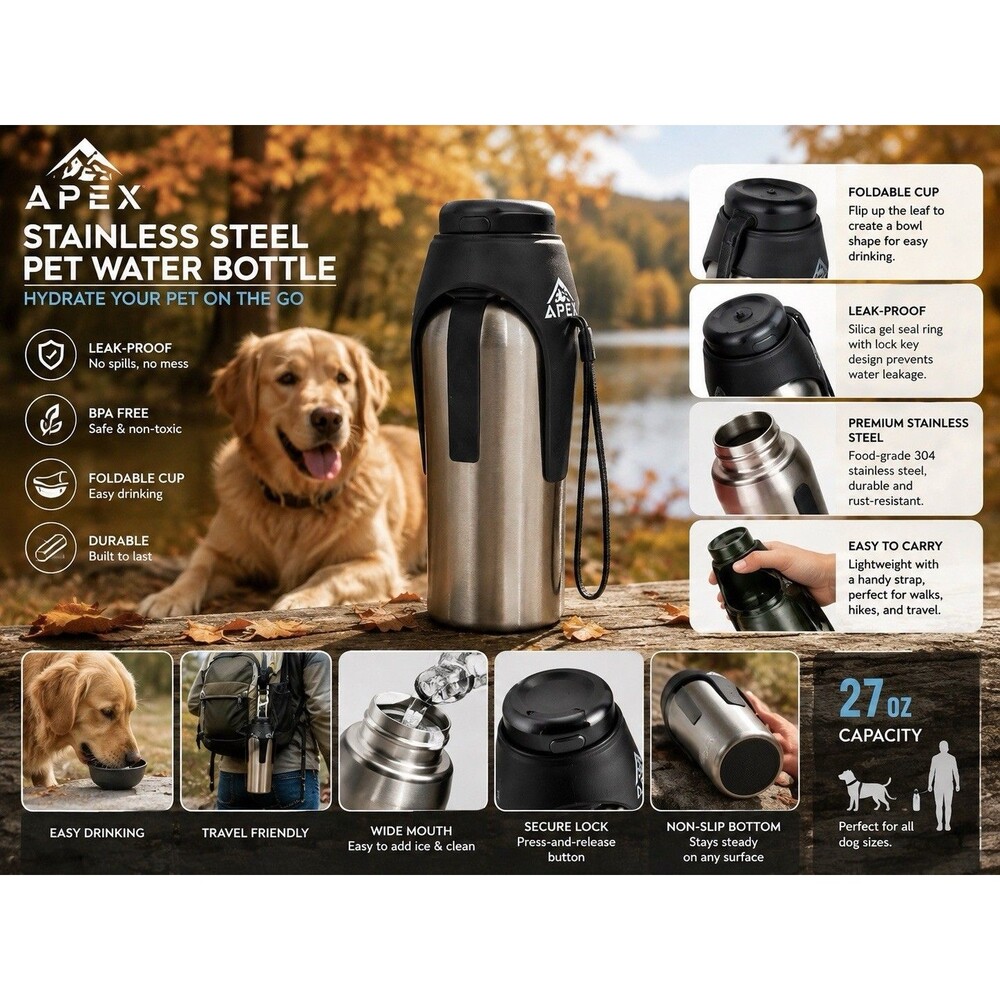 Apex Stainless Steel Pet Water Bottle 27 Oz